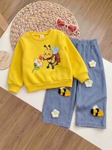 SHEIN 2pcs Cute Cartoon Pattern Sweatshirt And Elastic Waist Long Pants Set For Baby Girls - Yellow - View 7
