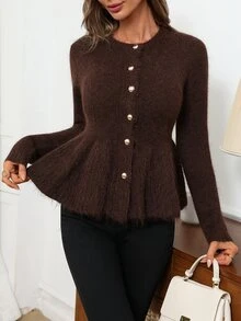 EMERY ROSE Women Flared Hem Fuzzy Knit Cardigan, Round Neck Button Down Sweater - Brown - View 1