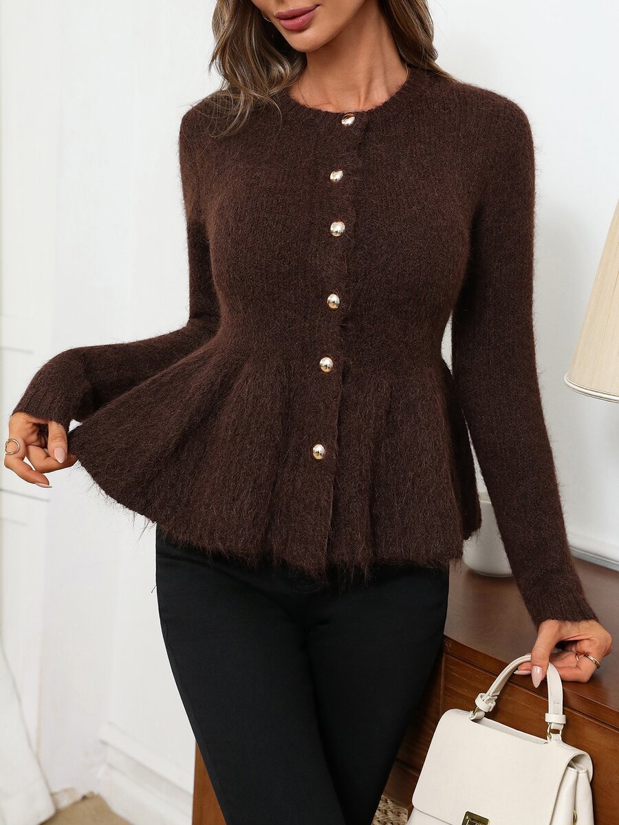 EMERY ROSE Women Flared Hem Fuzzy Knit Cardigan, Round Neck Button Down Sweater - Brown - View 1