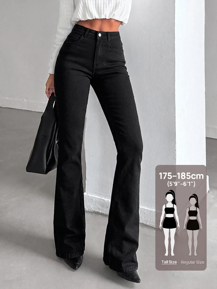 SHEIN Tall 女款休閒日常牛仔褲,附口袋與鈕扣設計 - 黑色 - 查看 1