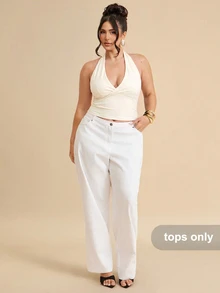 SHEIN BAE CURVE 純色極簡性感V領掛脖蝴蝶結肩帶百搭背心上衣，適合派對、度假、約會 - 杏色 - 查看 4