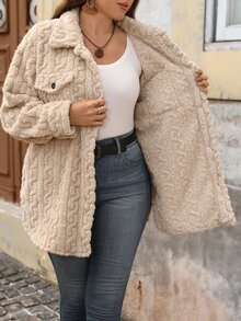 EMERY ROSE Plus Size Women's Fall Casual Fleece Solid Color Cable Pattern Jacket, Autumn/Winter,Button-Up Jacket With Pocket,Winter Coat,Warm,Going Out Outfits - Apricot - View 8