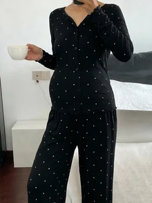 DAZY Contrast Polka Dot Button-Front Long Sleeve T-Shirt And Straight Leg Pants Casual Daily Home Wear Spring Autumn Maternity 2 Pieces Set - Black - View 3