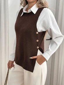 Sprig & Strand Women's Vintage Minimalist Round Neck Knit Vest With Double-Sided Gold Buckles, Loose Sleeveless Layering Sweater - Brown - View 1