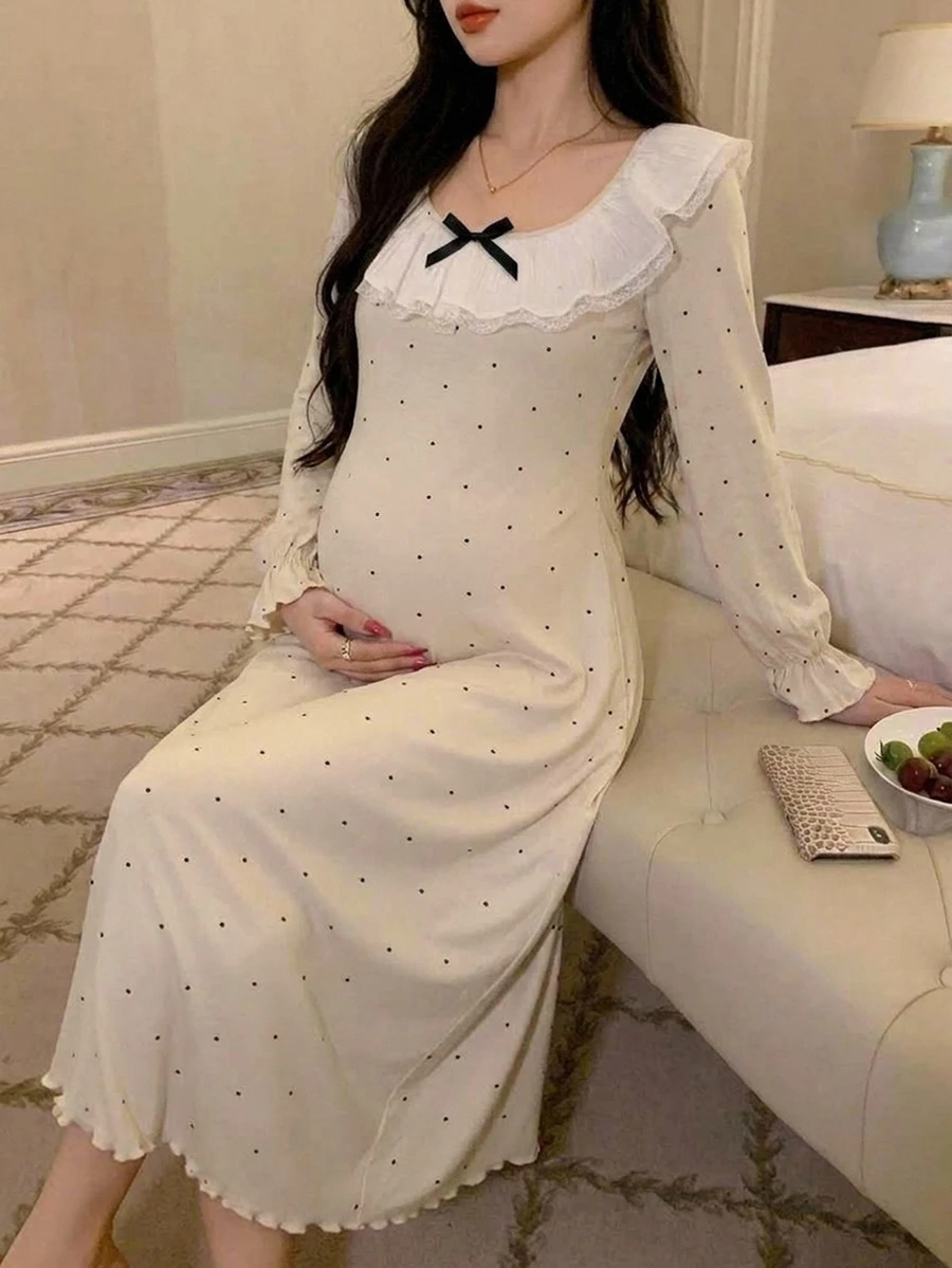 DAZY Polka Dot Patchwork Ruffle Trim Loose Long Sleeve Casual Daily Home Wear Spring Autumn Long Dress Maternity Dress - Apricot - View 1