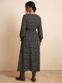 Freevana Plus Size Fall Clothes All Over Print Shirred Leopard Long Sleeve Dress - Multicolor - View 2
