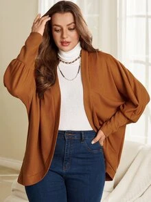 Rosumi Women's Plus Size Brown Textured Long Sleeve Knit Cardigan - Brown - View 3