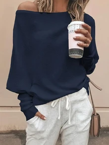 Breezaya 女款街頭風羅紋長袖拼接T恤，韓系時尚 - 寶藍色 - 查看 1