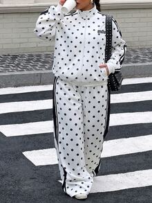 Muchica Pakaian Kasual Sehari-hari untuk Wanita Ukuran Besar dengan Jaket Lengan Panjang dan Celana Motif Polkadot - Hitam dan Putih - View 3