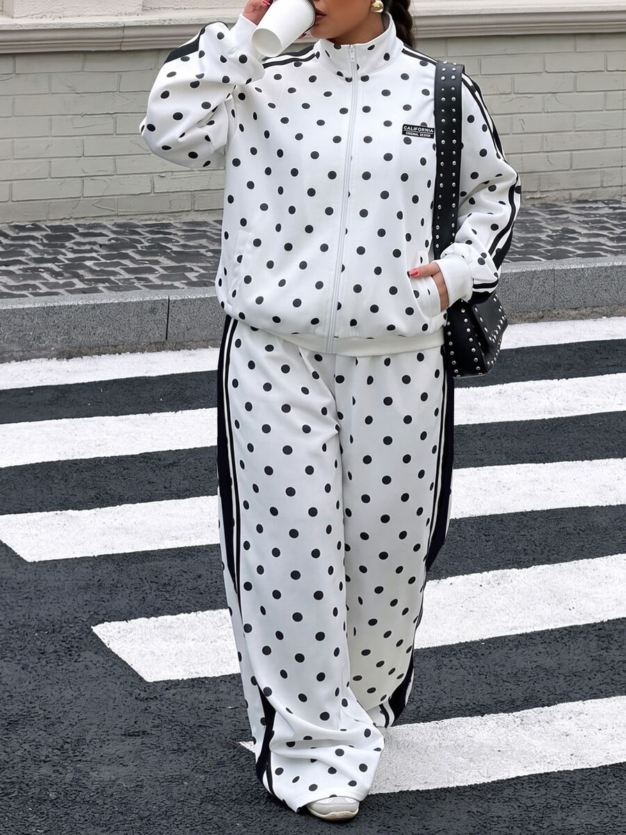 Muchica Plus Size Women Polka Dot Long Sleeve Jacket And Pants Casual Daily Outfit - Black and White - View 1