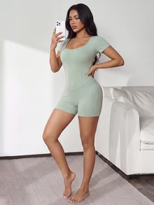 Velisys Velisys Women's Casual Fitted Short Sleeve Athletic Romper - Green - View 6