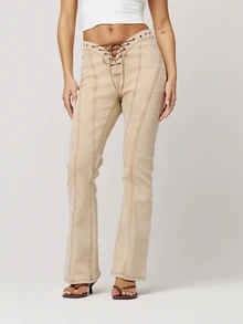 Musera Petite Wash Denim Low Rise Lace Up Fitted Flared Denim Jeans Fall Autumn Winter Back To School Daily Everyday - Khaki - View 2