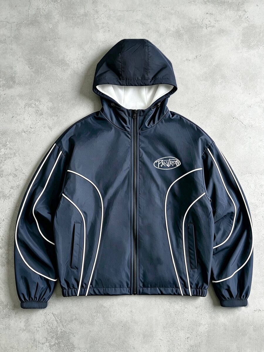 PAVTROS Men's Letter Print Long Sleeve Zip-Up Hooded Jacket - Navy Blue - View 1