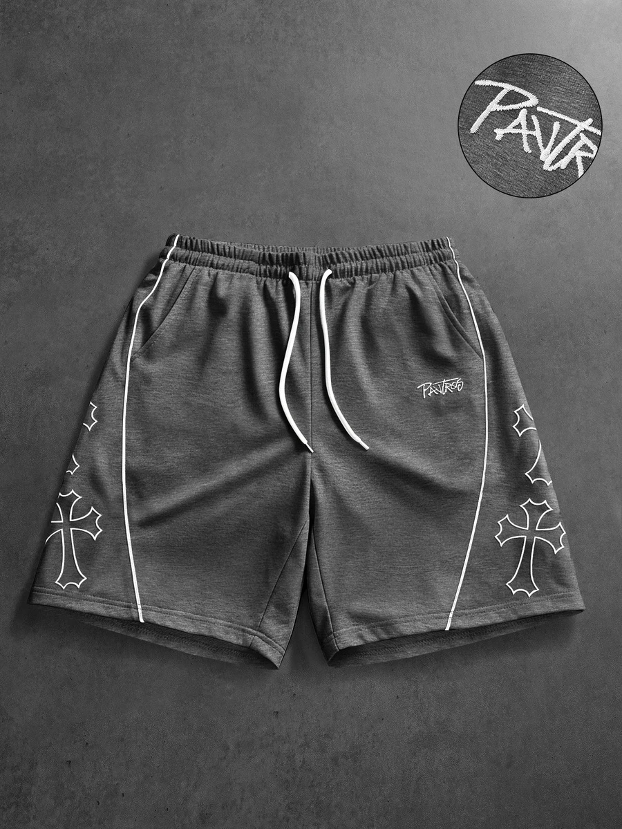 PAVTROS Men's Cross Print Drawstring Waist Pocket Shorts - Dark Grey - View 1