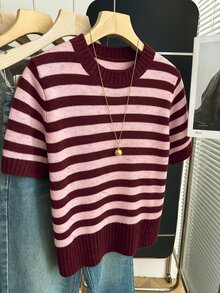 Franclia 新款春夏韓式簡約休閒寬鬆條紋拼色女款針織上衣 - 酒紅色 - 查看 5