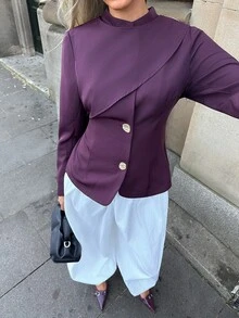 Aloruh Women's Solid Color Long Sleeve Metal Single-Breasted Fashion Blazer Fall Clothes For Women Work Outfits For Women - Purple - View 8