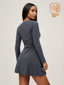 SHEIN BASICS Women's Solid Color Round Neck Long Sleeve Casual Short Dress Brunch Dark Grey Autumn - Coffee Brown - View 3