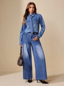Selenza Women's Fashion Versatile Button Long Sleeve Denim Jacket - Blue - View 8