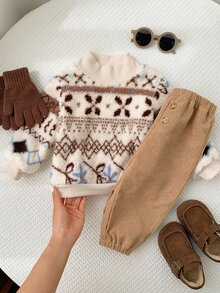 SHEIN 2pcs Baby Boy & Girl Autumn/Winter Pattern Thermal Lined Thick Crew Neck Long Sleeve Pullover Sweatshirt & Elastic Waist Long Pants Set, Fuzzy Sweatshirt Outfit - Multicolor - View 8