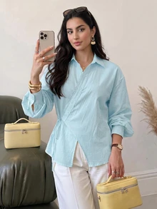 Solavon Women's Solid Color Casual Versatile Daily Wear Shirt - Blue - View 4