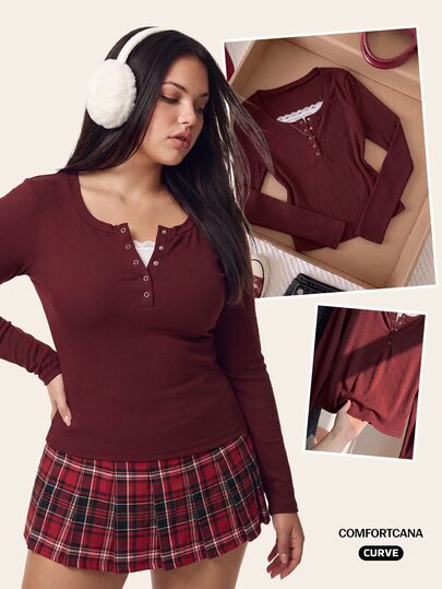 Comfortcana Plus Size Women's Casual Christmas Red Patchwork Lace Trim Henley Neck Long Sleeve Top
