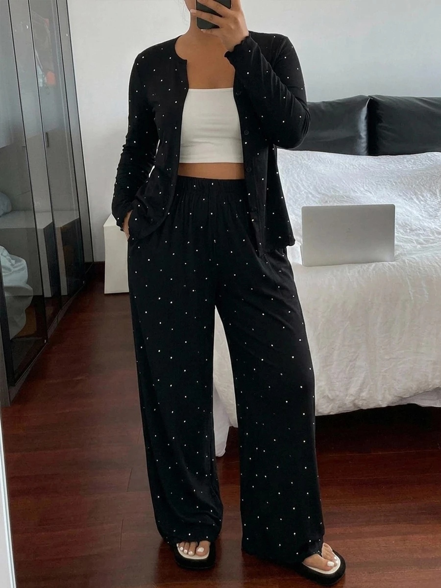 Dazy Plus Fashion Polka Dot Casual Long Pants 2pcs Set Home Wear Spring Autumn New Cute Pajama Set - Black - View 1