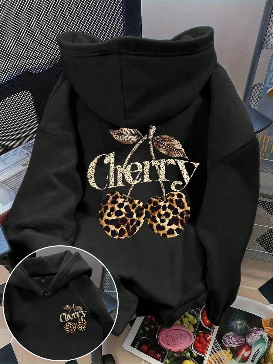 Flirla Plus Size Women's Letter & Cherry Print Casual Drawstring Pocket Hoodie Sweatshirt - Black - View 1