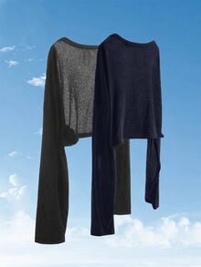 SHEIN EZwear 黑色海軍藍大尺碼女款開襟外套 2 件套 秋季 - 藏蓝色 - 查看 2
