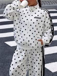 Muchica Pakaian Kasual Sehari-hari untuk Wanita Ukuran Besar dengan Jaket Lengan Panjang dan Celana Motif Polkadot - Hitam dan Putih - View 6