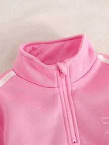 女童秋冬可愛休閒粉色蝴蝶結拼接白色條紋長袖立領衛衣與鬆緊腰長褲套裝 - 粉色 - 查看 5