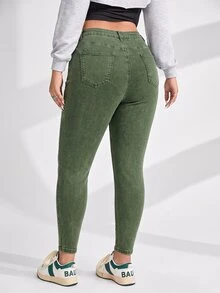 SHEIN ICON 大尺碼女款休閒日常牛仔褲，附口袋與鈕扣設計 - 軍綠色 - 查看 3