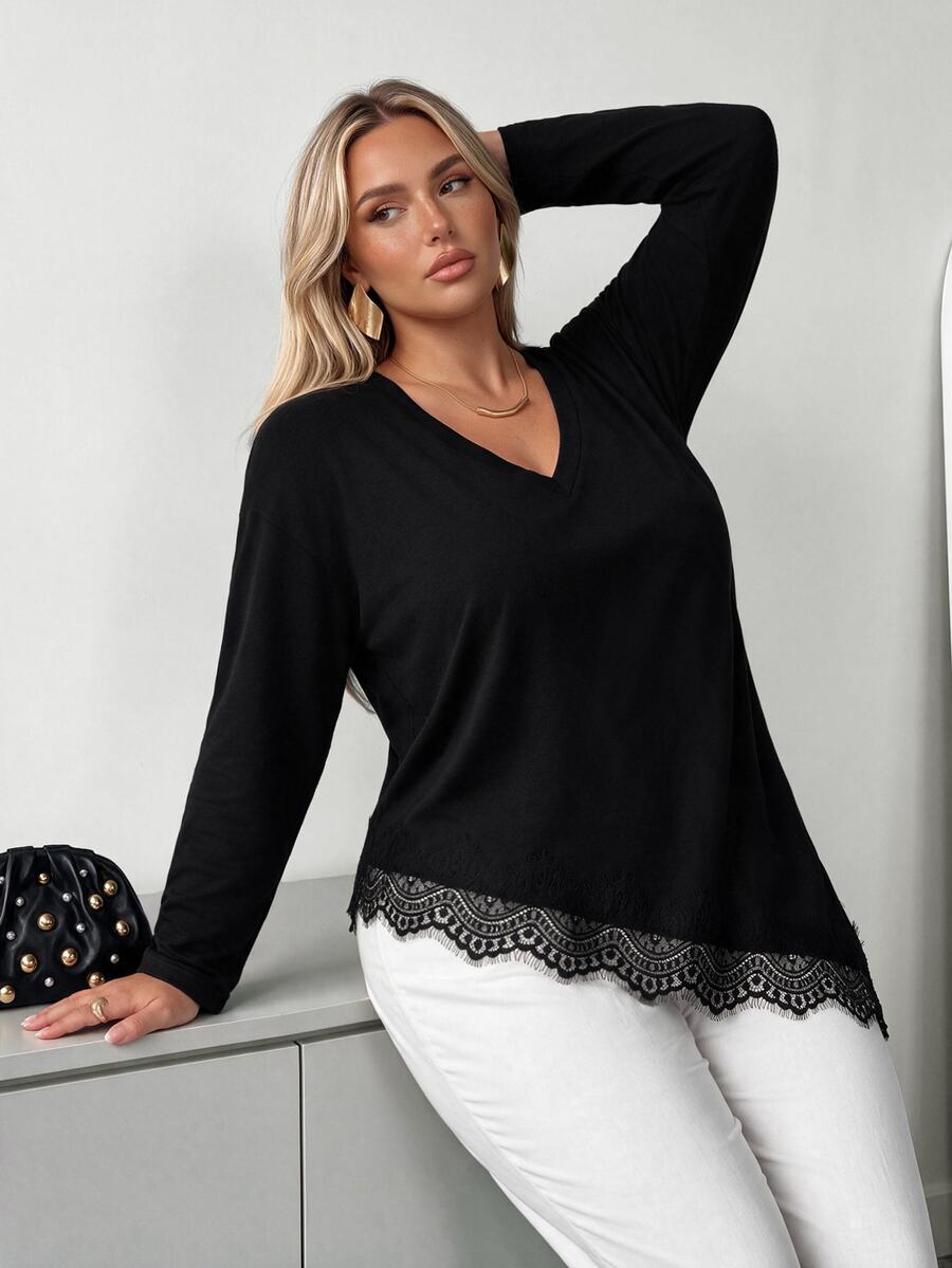 Auralis Plus Size Women's V-Neck Lace Patchwork Casual Daily T-Shirt - Black - View 1