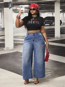 Slaydiva Plus Size Women's All-Season Heart Laser Burned Distressed Blue Denim Wide Leg Pants - Medium Wash - View 7