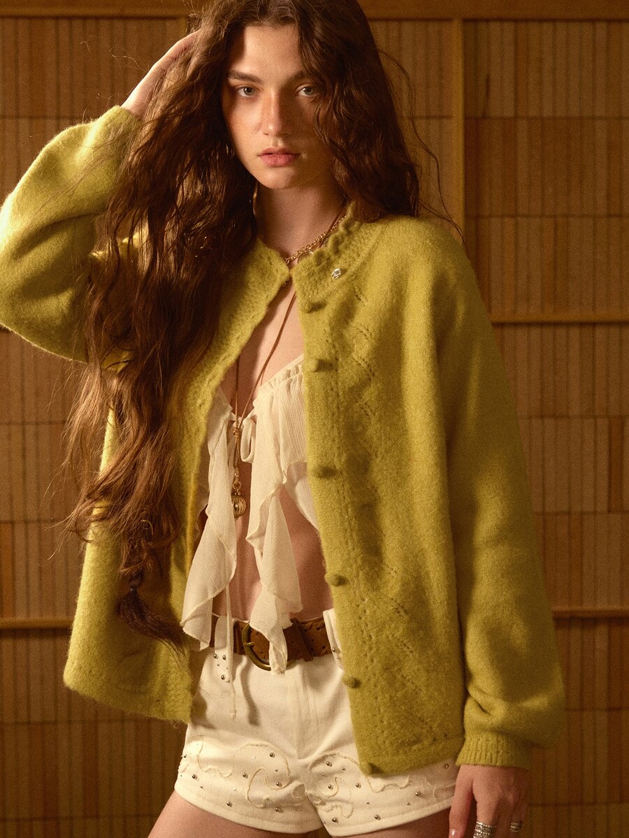 MOTF STUDIO Cardigan Rajut Pendek Hangat Berbahan Bulu Halus untuk Wanita, Musim Gugur/Musim Dingin - Mustard Yellow - View 1