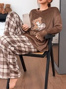 Napfluff Cute Bear Decor Soft Plush Comfortable Home Pajama Set, Soft Girl Style Pattern Long Pants Sleepwear - Brown - View 5