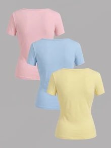 SHEIN EZwear 3件組女款純色V領T恤 - 彩色 - 查看 3