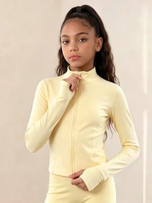 SHEIN 青少年女孩3件套黑色運動套裝，運動外套＋背心＋緊身褲組合，秋季新款，高彈力舒適面料，自在舒適運動 - 黃色 - 查看 6