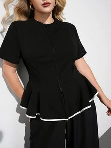 Maija Plus Size Women's Zipper Front Short Sleeve Ruffle Hem Top - Black and White - View 5