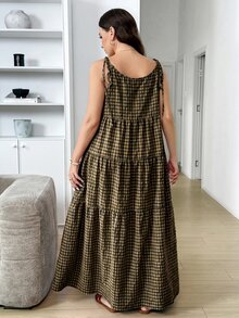 SHEIN LUNE 大尺碼女款格紋肩部打結荷葉邊下擺休閒無袖洋裝 - 彩色 - 查看 2