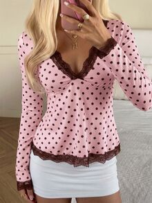 CovetEZ Women's Casual Comfortable Light Pink Contrast Lace Long Sleeve Top, Autumn/Winter - 淺粉色 - 查看 1