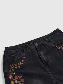 ROMWE Grunge Punk 大尺碼女款花卉刺繡圖案休閒日常牛仔褲 - 黑色 - 查看 3