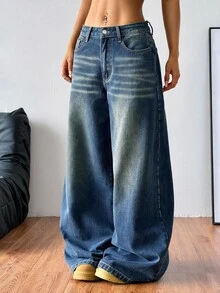 SHEIN PETITE CURVE 大尺碼女款口袋寬腿鬆垮休閒百搭牛仔褲 - 深色水洗藍 - 查看 3