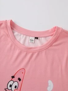 SpongeBob SquarePants | SHEIN Bộ đồ mặc nhà thường ngày nam size lớn họa tiết hoạt hình, áo tay ngắn và quần short - Hồng - Xem 5