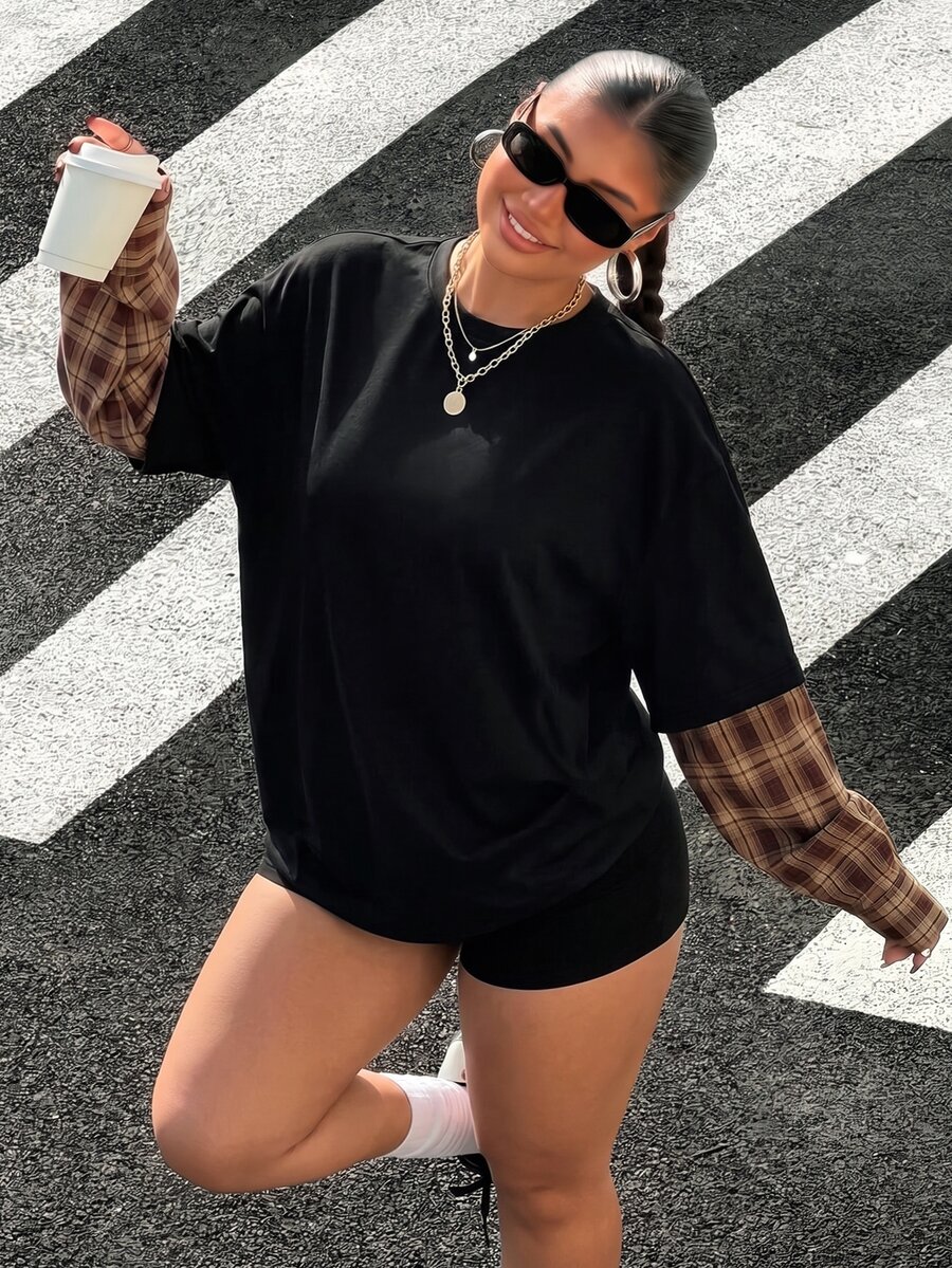 Muchica Plus Size Street Fashion Plaid Patchwork Long Sleeve Shirt - Black - View 1