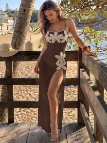 Swim Vcay Spring/Summer Girls Vacation Influencer Solid Color Starfish Design One-Piece Swimsuit With Beach Cover-Up Set - Brown - View 3