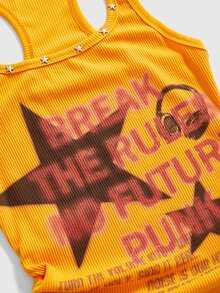 ROMWE Grunge Punk Grunge Emo Girl Distressed Star Slogan Print Punk Metal Star Rivet Fitted Tank Top - Orange - View 4