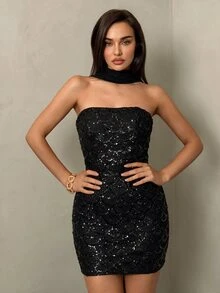 SHEIN Glamour 女款亮片性感收腰抹胸派對洋裝 - 黑色 - 查看 4