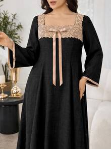 Lacomfia Women's Square Neck Long Sleeve Lace Contrast Color Bow Elegant Design High-End Textured Jacquard Solid Color Autumn/Winter Plus Size Dress - Black - View 4