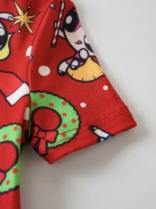 THE POWERPUFF GIRLS X SHEIN Young Girl Cartoon Print Short Sleeve Top And Long Pants Casual Daily Home Sleepwear Set - Red - View 5