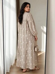Veilorie Plus Size Women's Embroidered Long Sleeve Button Design Elegant Arabian Dress - Khaki - View 2